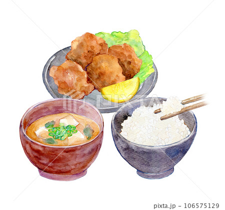 水彩イラスト　和食のセットメニュー　唐揚げ定食 106575129