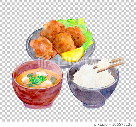 水彩イラスト　和食のセットメニュー　唐揚げ定食 106575129