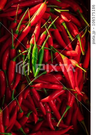 Sunlight shines on the chili peppers. 106575186