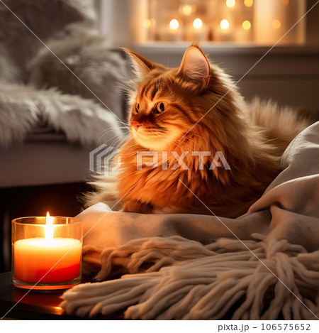Fluffy ginger cat on cozy knitted blanket in winter decorated home interior, warm light 106575652