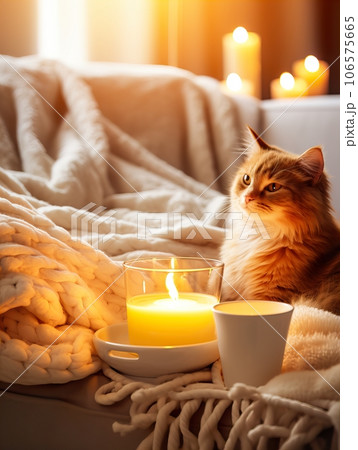 Fluffy ginger cat on cozy knitted blanket in winter decorated home interior, warm light 106575665