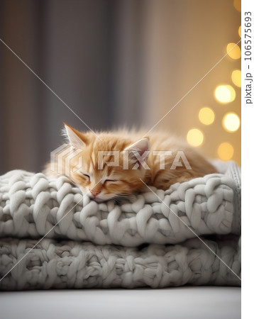 Fluffy ginger cat on cozy knitted blanket in winter decorated home interior, warm light 106575693