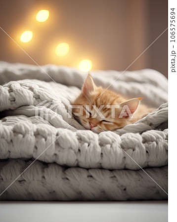 Fluffy ginger cat on cozy knitted blanket in winter decorated home interior, warm light 106575694