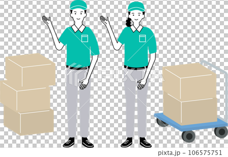 Illustration set of male and female courier delivery staff raising one hand 106575751
