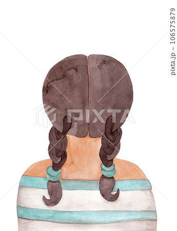 Portrait of a young woman with two braids. Back view. Watercolor isolated illustration Portrait of a young woman with two braids. Back view. Watercolor isolated illustration 106575879