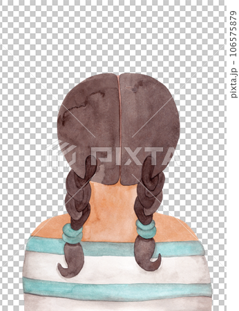 Portrait of a young woman with two braids. Back view. Watercolor isolated illustration Portrait of a young woman with two braids. Back view. Watercolor isolated illustration 106575879
