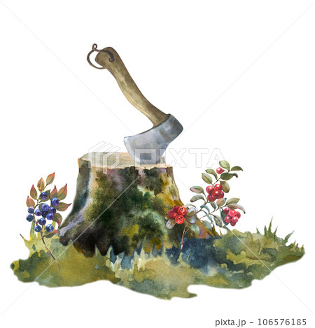 Watercolor illustration, ax in the stump. Watercolor hand drawn illustration of a wooden stump in the grass and forest berries with an axe. For design of the tourism and hiking Watercolor illustration, ax in the stump. Watercolor hand drawn illustration of a wooden stump in the grass and forest berries with an axe. For design of the tourism and hiking 106576185