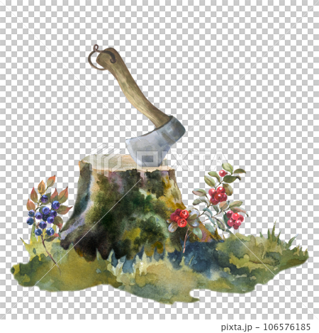 Watercolor illustration, ax in the stump. Watercolor hand drawn illustration of a wooden stump in the grass and forest berries with an axe. For design of the tourism and hiking Watercolor illustration, ax in the stump. Watercolor hand drawn illustration of a wooden stump in the grass and forest berries with an axe. For design of the tourism and hiking 106576185
