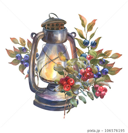 Vintage Lantern with twigs forest berry. Hand drawn watercolor illustration of retro rusty Lamp and wild plants on white isolated background. For invitations, greeting cards for travel Vintage Lantern with twigs forest berry. Hand drawn watercolor illustration of retro rusty Lamp and wild plants on white isolated background. For invitations, greeting cards for travel 106576195