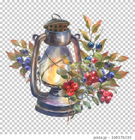Vintage Lantern with twigs forest berry. Hand drawn watercolor illustration of retro rusty Lamp and wild plants on white isolated background. For invitations, greeting cards for travel 106576195