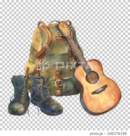 Green backpack, guitar and hiking boots. Hand drawn watercolor illustration isolated on white background. Green backpack, guitar and hiking boots. Hand drawn watercolor illustration isolated on white background. 106576196