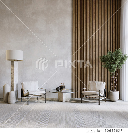 Gray interior with chairs, wall wood panel and decor. 3d render illustration mockup. 106576274