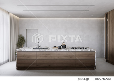 Contemporary kitchen interior with marble countertop and decor. 3d render illustration mockup. Contemporary kitchen interior with marble countertop and decor. 3d render illustration mockup. 106576288