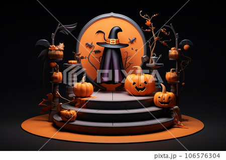 3D Realistic Halloween Podium with Pumpkin, Bat, and Witch Hat 3D Realistic Halloween Podium with Pumpkin, Bat, and Witch Hat 106576304