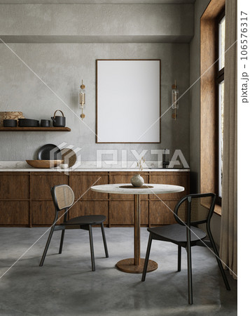 Kitchen room interior with concrete wall, wooden furniture, picture frame and decor. 3d render illustration mockup. Kitchen room interior with concrete wall, wooden furniture, picture frame and decor. 3d render illustration mockup. 106576317