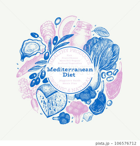 Mediterranean Cuisine Design Template. Vector Hand Drawn Healthy Food Banner. Vintage Style Menu Illustration. Mediterranean Cuisine Design Template. Vector Hand Drawn Healthy Food Banner. Vintage Style Menu Illustration. 106576712