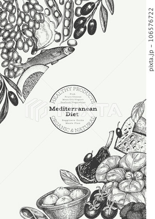 Mediterranean Cuisine Design Template. Vector Hand Drawn Healthy Food Banner. Vintage Style Menu Illustration. 106576722