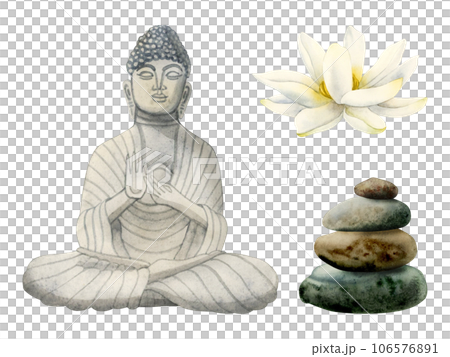 Watercolor Buddha illustration set with stone statue, balanced stones pyramid and lotus flowers. Design elements for meditation, yoga and buddhism designs 106576891