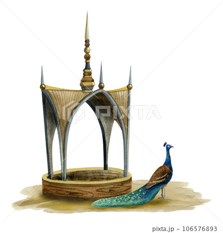 Peacock bird near Asian pavilion building watercolor illustration isolated on white background. Traditional pagoda house in brown colors 106576893
