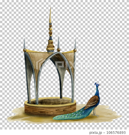 Peacock bird near Asian pavilion building watercolor illustration isolated on white background. Traditional pagoda house in brown colors 106576893