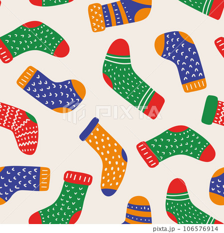 Christmas sock flat vector seamless pattern. Funny new year, winter holiday themed texture. Xmas wrapping paper, wallpaper design Christmas sock flat vector seamless pattern. Funny new year, winter holiday themed texture. Xmas wrapping paper, wallpaper design 106576914