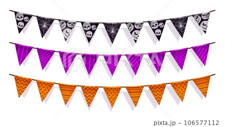 Halloween garland pennants with scary holiday ornaments. Isolated vector black, purple and orange triangular flags adorned with eerie skulls and spiderwebs, creating spooky, haunted festive atmosphere Halloween garland pennants with scary holiday ornaments. Isolated vector black, purple and orange triangular flags adorned with eerie skulls and spiderwebs, creating spooky, haunted festive atmosphere 106577112