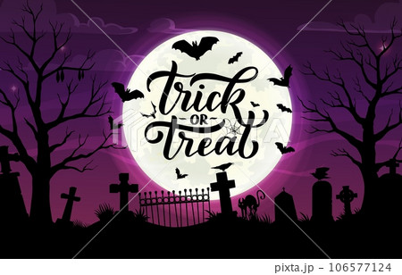 Halloween cemetery silhouette, trick or treat vector banner. Night twilight graveyard landscape with black cat, crosses, tombs, crows and scary bats under full moon. Cartoon spooky greeting card 106577124