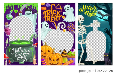 Halloween holiday social media templates with cartoon characters, slime, sweets and cemetery, vector banners. Halloween holiday frames with spooky pumpkins, skeleton, ghosts and witch potion cauldron Halloween holiday social media templates with cartoon characters, slime, sweets and cemetery, vector banners. Halloween holiday frames with spooky pumpkins, skeleton, ghosts and witch potion cauldron 106577126