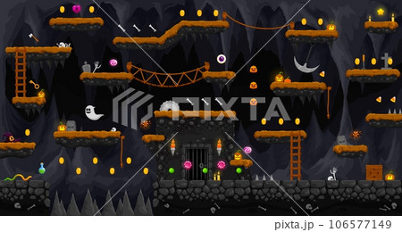 Arcade Halloween underground cave landscape game level map interface. Platforms and ghosts, sweets, stairs and coins. Vector dungeon parallax background with rocky islands, assets, obstacles, ladders Arcade Halloween underground cave landscape game level map interface. Platforms and ghosts, sweets, stairs and coins. Vector dungeon parallax background with rocky islands, assets, obstacles, ladders 106577149
