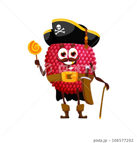 Cartoon Halloween fruit lychee in pirate costume, holiday vector cute character. Lychee fruit pirate captain or filibuster in sailor hat with skull crossbones and lollipop for Halloween trick or treat Cartoon Halloween fruit lychee in pirate costume, holiday vector cute character. Lychee fruit pirate captain or filibuster in sailor hat with skull crossbones and lollipop for Halloween trick or treat 106577202