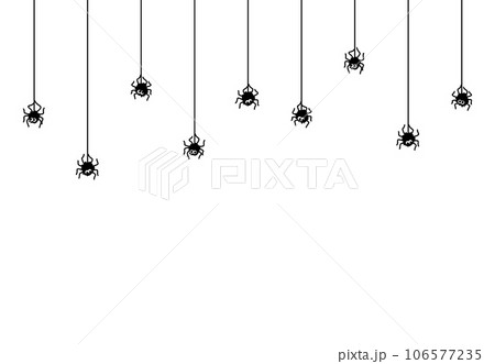 Halloween spider border with webs. Vector background of horror holiday with cute black spider insects characters hanging on cobweb or spiderweb threads. Halloween trick or treat party decoration Halloween spider border with webs. Vector background of horror holiday with cute black spider insects characters hanging on cobweb or spiderweb threads. Halloween trick or treat party decoration 106577235