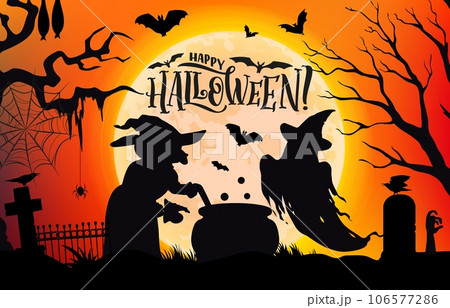 Halloween holiday banner with witch, cauldron and ghost silhouettes on cemetery brewing magic potion. Vector Halloween characters on full moon sky background with spooky trees, bats and zombie hand 106577286