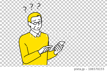 一位老人在使用問號和智能手機時遇到困難 一位老人在使用問號和智能手機時遇到困難 106578155