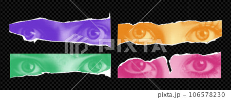 Set of vector female eyes as if png elements cut out of a magazine. Vibrant acid trend colors on transparent background. Emotional eye for collage. Vector illustration Set of vector female eyes as if png elements cut out of a magazine. Vibrant acid trend colors on transparent background. Emotional eye for collage. Vector illustration 106578230