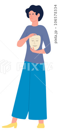 Sad woman with happy face mask. Fake personality 106578334