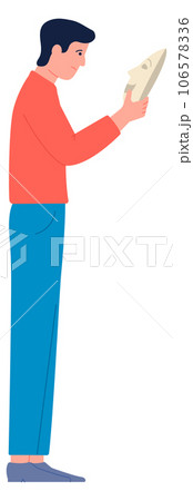 Man hold smiling mask. Fake face person 106578336