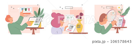 Cashless payment. Vector illustration. With mobile cashless payments, you cpay for purchases without need for physical cash Contactless payments are commonly used for small everyday purchases Cashless payment. Vector illustration. With mobile cashless payments, you cpay for purchases without need for physical cash Contactless payments are commonly used for small everyday purchases 106578643
