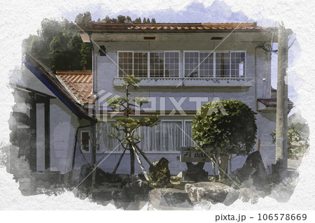 水彩画風　若桜宿　龍徳寺　若桜幼稚園跡　鳥取県八頭郡若桜町 106578669