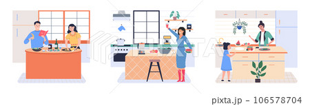 People cooking vegetarian food. Vector illustration. Chef cooks preparing food cook hands on the kitchen table. Set with people who cook and utensils. Food and cooking banner. Cooking vegatable 106578704