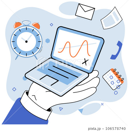 Person using laptop surrounded by business icons, work with digital technology, remote office. Businessman or freelancer with computer, distant communication with colleagues, remote online interaction Person using laptop surrounded by business icons, work with digital technology, remote office. Businessman or freelancer with computer, distant communication with colleagues, remote online interaction 106578740