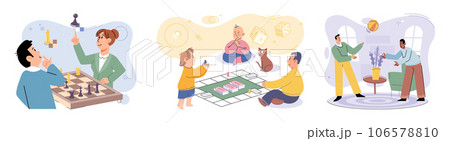 Game together. Family fun. Friendship time. Vector illustration. Engaging in game with others brings out sense of community and togetherness People playing games together create positive and uplifting 106578810