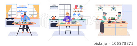 People cooking vegetarian food. Vector illustration. Man and woman with children preparing food for dinner. People cooking. Husband and wife are preparing together. Man and woman in the kitchen People cooking vegetarian food. Vector illustration. Man and woman with children preparing food for dinner. People cooking. Husband and wife are preparing together. Man and woman in the kitchen 106578873