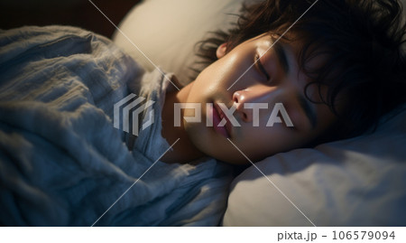 ベッドで眠る10代の日本人男性 106579094
