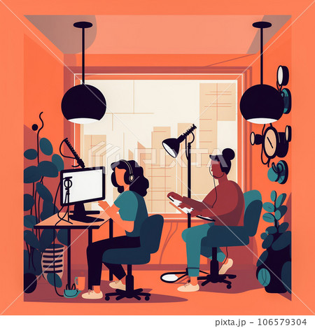 Couple doing a podcast in the their home 106579304