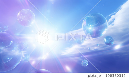青空に舞うシャボン玉、光、AI画像 106580313