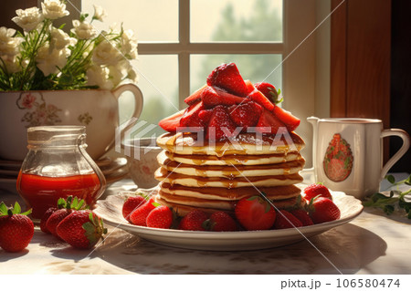Pancakes with strawberries and jam in a plate. Breakfast with pancakes 106580474