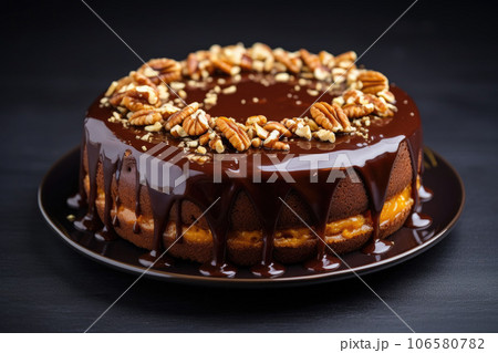 Round chocolate layer cake with nuts . Pieces of chocolate and nut crumbs on the cake Round chocolate layer cake with nuts . Pieces of chocolate and nut crumbs on the cake 106580782