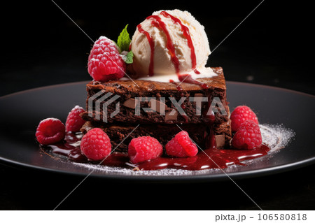Chocolate brownie with raspberries and a scoop of ice cream 106580818