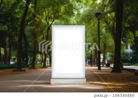 Layout of a white outdoor advertising poster in the park Layout of a white outdoor advertising poster in the park 106580860