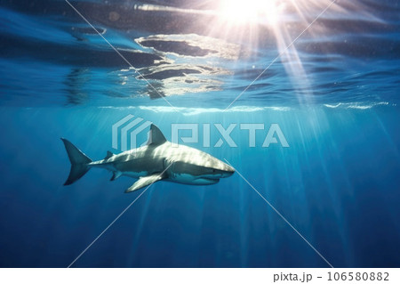 The shark is swimming in the water. Refraction of sunlight 106580882